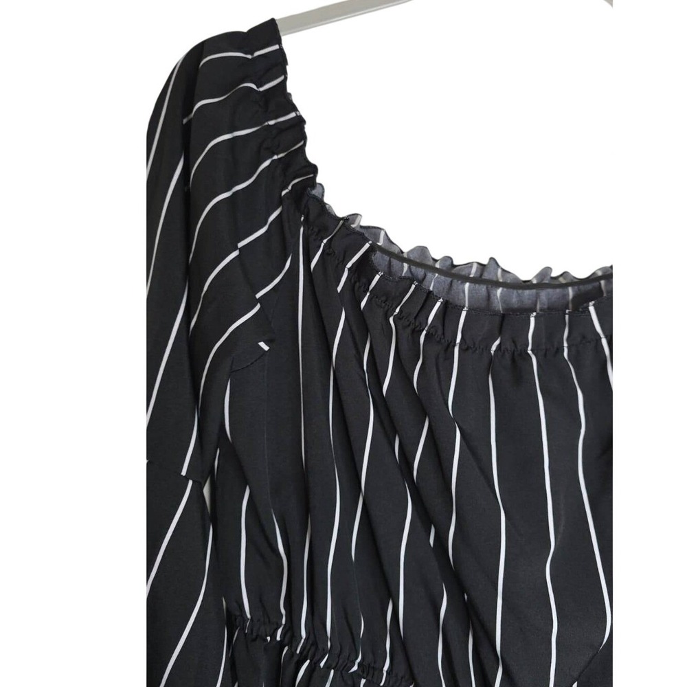 Womens Black White Striped Off Shoulder Romper Bell Sleeve Ruffle Hem XL - Picture 2 of 5
